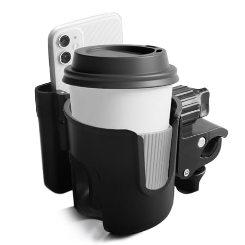 WHLICKS 2-in-1 Walker Cup Holder with Reversible Phone Holder，Fit for Wheelchair, Rollator, Scooter, Bike, Mobility, Camper, Stroller with Sturdy,Rotatable,Adjustable and Anti - Slip Clip - size: Reversible