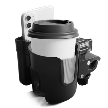 WHLICKS 2-in-1 Walker Cup Holder with Reversible Phone Holder，Fit for Wheelchair, Rollator, Scooter, Bike, Mobility, Camper, Stroller with Sturdy,Rotatable,Adjustable and Anti - Slip Clip - size: Reversible