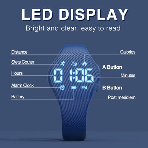 Kids Led Digtial Fitness Tracker Watch for Ages 5-15, No App Waterproof Wristwatch, with Pedometer Step Counter Alarm Clock, for Children Goys Girls Teens (Deep Blue) - color: Deep Blue