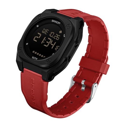 FANMIS Men's Digital Sports Watch Big Face Stopwatch Outdoor Rubber Strap - color: Red