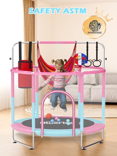 BLUERISE 60" Indoor&Outdoor with Enclosure 5FT Trampoline for Kids Gifts - color: Pink / Blue -1- 6-in-1