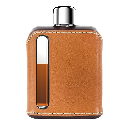 Ragproper Modern Glass Hip Flask - Durable Leather Covered Flask for Whiskey, Spirits, & Other Liquor - Ideal Glass Flask for Men & Women (Single Shot 100ml, Leather Dark & Tan) - color: Leather Dark & Tan, size: Pocket Flask 3.4 oz