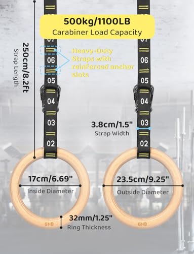 GHB Gymnastic Rings Wooden Gym Rings 1.25" - style: 32mm Rings & Carabiner Numbered Straps Set