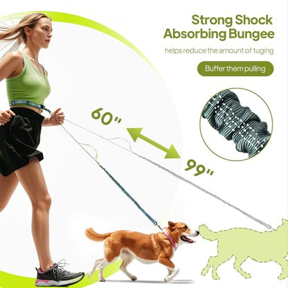 Hands Free Dog Leash with Zipper Pouch, Waist Leash for Dog Walking, Running and Hiking, Adjustable Belt with Handle, Reflective Bungee Design for Large & Medium Dogs