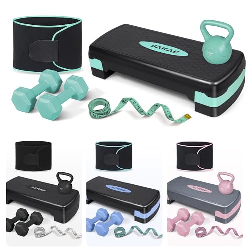 SAKAE Adjustable Aerobic Stepper Kit with Dumbbells & Kettlebell & Weightlifting Belt & Measuring Tape, 2 Level Risers Exercise Step Platform for Home Gym Exercise Fitness Workout, Multiple Colors - color: Green