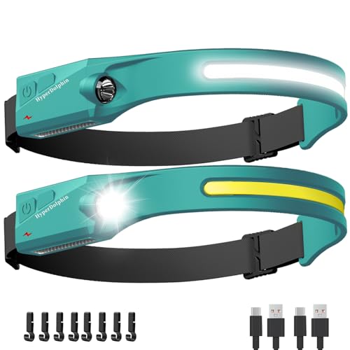 Headlamp Rechargeable LED (2-Pack, Green) 230° Wide Beam, USB-C Lightweight Head Lamp, Long Runtime, Water-Resistant for Camping, Hiking, Running, Fishing, Repair Work - color: Green