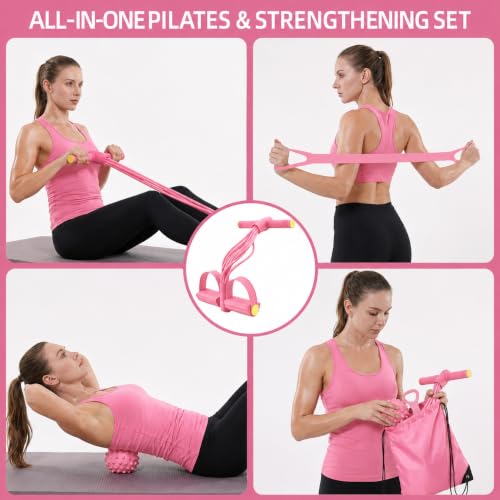 5PCS Ultimate Multifunction Pedal Resistance Bands with Handles - Foot Pedal Resistance Band for Total Body Workout, Includes Massage Ball,Bag &Quick Start Guide - color: Pink