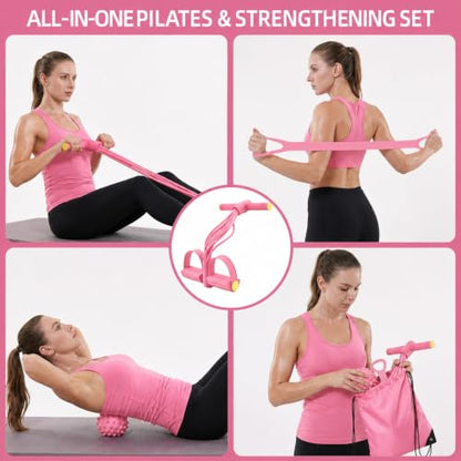 5PCS Ultimate Multifunction Pedal Resistance Bands with Handles - Foot Pedal Resistance Band for Total Body Workout, Includes Massage Ball,Bag &Quick Start Guide - color: Pink