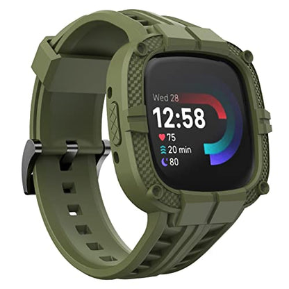 Compatible for Fitbit Versa 4/ Fitbit Sense 2 Bands Men, Rugged Protective Case with TPU Sport Band Smartwatch Wristband Army Green - color: Army Green