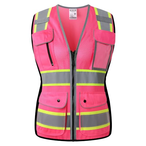 High Visibility Reflection Pink Mesh Safety Vests with 8 Pockets and Front Zipper, hi vis safety vest for Women(Pink-16,Medium) - color: Pink, size: Medium