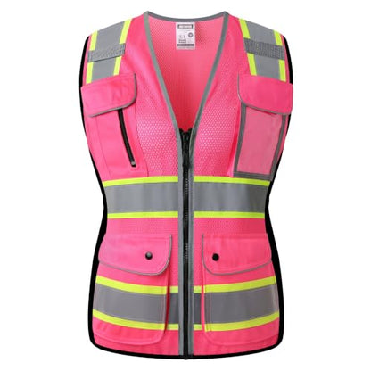 High Visibility Reflection Pink Mesh Safety Vests with 8 Pockets and Front Zipper, hi vis safety vest for Women(Pink-16,Medium) - color: Pink, size: Medium
