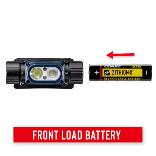 Coast WPH34R 2000 Lumen Waterproof Ultra Bright IP68 USB Rechargeable-Dual Power Headlamp, 6 Modes with Spot and Flood Beams, Black/Grey