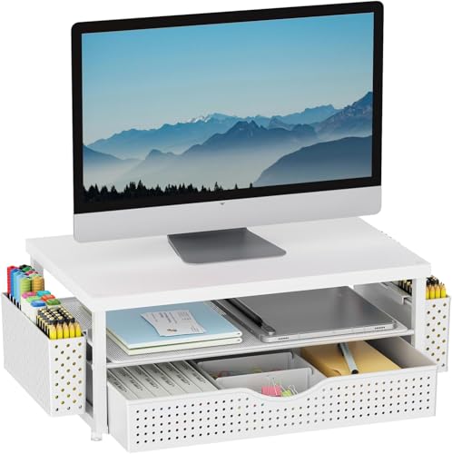 gianotter Desk Organizers and Accessories, Monitor Stand with Drawer and 2 Pen Holder, Desktop Organizer Suitable for Offices and Dormitories (Matte White) - color: Matte White