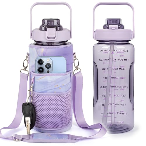 Half Gallon Water Bottle with Sleeve, 64OZ Motivational Water Bottle - color: Purple