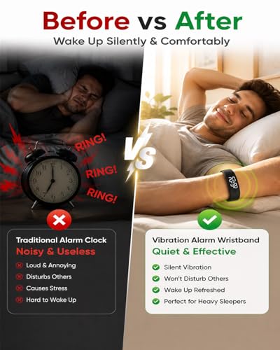 Vibrating Alarm Wristband Clock Watch for Heavy Sleepers, Fit Sleeps Rise Bracelet Bands for Deaf People, Wearable Vibration Wrist Alarm Waterproof Silent Alarms Wristband for Men & Women - color: Black