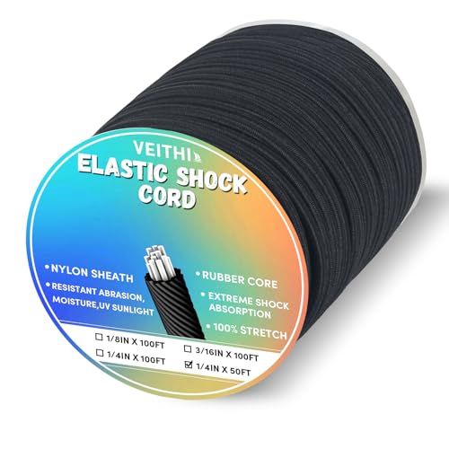 1/4 in x 50 ft Elastic Bungee Shock Cord,Black Nylon Elastic Rope,Roll-Bungee Shock Cord for Camping, Kayak,Decks for Repairing Tent Poles, DIY, Tie Downs - style: 1/4inx50ft Black