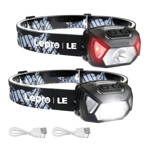 Lepro Rechargeable LED Headlamp Bright Waterproof Headlight 2 Pack - Black - color: Black
