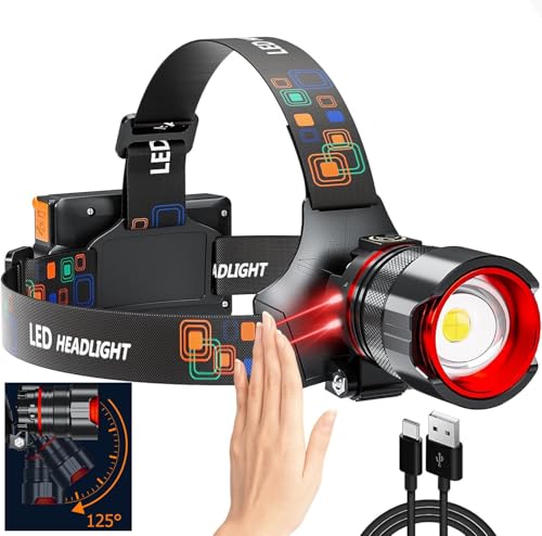 UVER Rechargeable LED Headlamp 125° Wide Angle LED Headlamp Rechargeable, Super Bright 90000LM Head Lamp with 8 Light Modes, IPX7 Waterproof Headlight for Camping Hiking Running Fishing Work