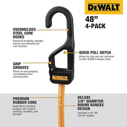 DEWALT 48" Premium Round Bungee Cords, Interlocking Quick-Pull Notch, 4-PK - size: 48"
