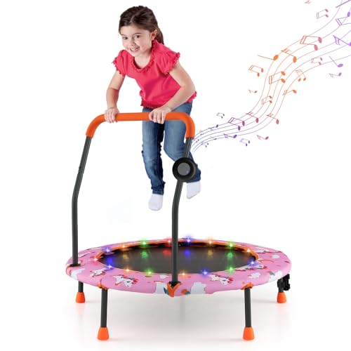 GYMAX Trampoline for Kids, 36” Toddler Mini Rebounder with Lights & Music, Removable Blue Tooth Speaker, Handle & Safety Pad, ASTM Approved Indoor Outdoor Small Kids Trampoline - style: Pony