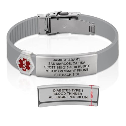 Divoti Custom Dual-Sided Engraved Silicone Medical Alert ID Wristband w/Security Clasp & Trim-to-Fit Band - Style - color: Concrete Gray / Brushed Stainless Silver / Red, size: Band Width - 13mm