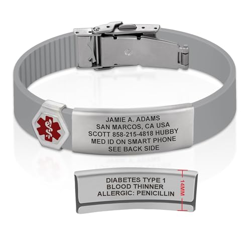 Divoti Custom Dual-Sided Engraved Silicone Medical Alert ID Wristband w/Security Clasp & Trim-to-Fit Band - Style - color: Concrete Gray / Brushed Stainless Silver / Red, size: Band Width - 13mm