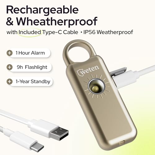 Personal Safety Alarm Keychain for Women, 130dB, LED Light, Gold Satin - color: Gold Satin