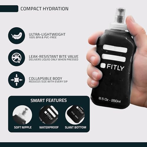 FITLY Soft Flask 8.5 oz 250ml (2 Pack), Collapsible Running Water Bottles for Hydration Pack and Running Vest, BPA Free Soft Water Bottles with Bite Valve for Hiking, Cycling & Skiing - Black & Blue