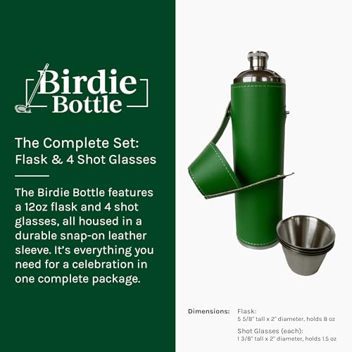 12oz Green Flask with 4 Shot Glasses for Sharing – Stainless Steel with Waterproof Leather Case, Leakproof, Great Gift Idea, Reusable - color: Green, size: 12oz Standard
