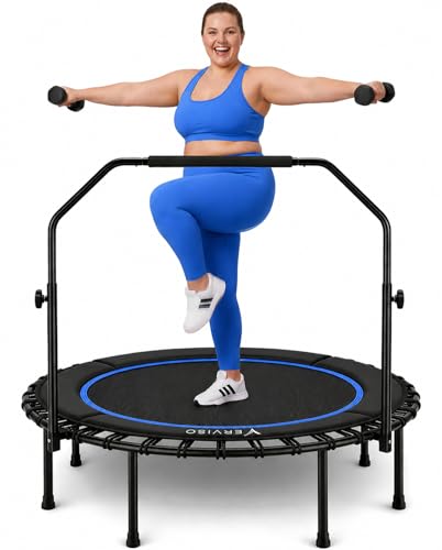40"/46"/50" Bungee Rebounder Trampoline for Adults, 460LBS Low Impact Quiet Foldable Mini Trampoline, Easy Assembly Indoor Fitness Rebounder with Handle for Whole-Body Workout - color: Black-Blue, size: 50-Inch