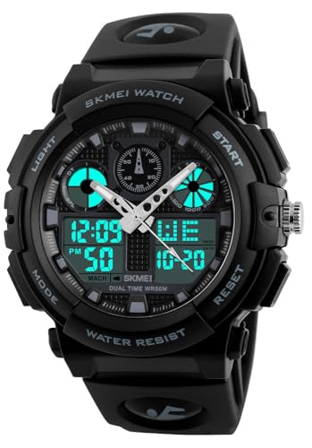 MASTOP Men's Digital Analog Sports Military Watches Waterproof Outdoor LED Backlight Display Alarm Stopwatch - color: Black