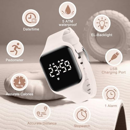 Kids Watches for Girls Boys Digital Sport Watch with Step Counter Pedometer Vibration Alarm Clock, No App Waterproof Fitness Tracker Kids Watch Boys Girls Teens Students Ages 5-16 - color: 021-E-Apricot