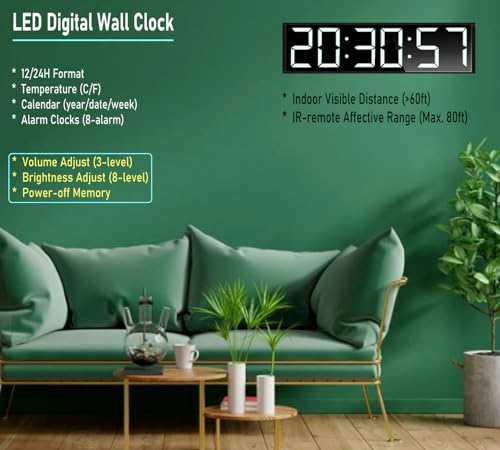 26'' Huge Digital Wall Clock, Home Gym Interval Workout Timers, with Countdown, Stopwatch, 7-Color Light, 8-Alarms, Calendar/Temperature Display, for HIIT/Tabata/FGB/EMOM (White)