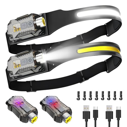 Victoper Rechargeable Headlamp 2Pack, Detachable 230° Wide Beam LED 2in1 Head Lamp with Motion Sensor, Hard Hat Head Light for Adults, 9 Modes Flashlight for Running Hunting Camping Essentials Gear - color: Black