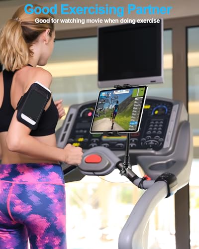 Gooseneck Spin Bike Tablet Mount, Elliptical Treadmill Tablet Holder, Indoor Peloton Stationary Exercise Bicycle Handlebar Clamp for iPad Pro Air Mini, Galaxy Tabs, Kindle, E-Book, 4-11" Device