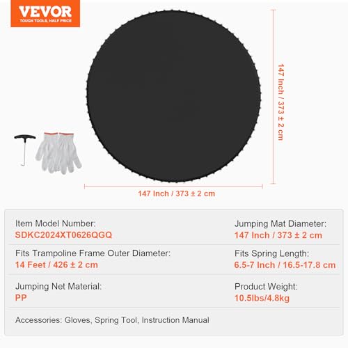 VEVOR Replacement Trampoline Mat, Jumping Mat Fits 12/13/14/15 ft Frame, Universal Jumping Round Trampoline, UV-Resistant Mat with Spring Tool & 72/80/92 V-Rings, Fit 5.5"/6.5"/7" Spring Length - style: 14FT-72 V-rings-6.5-7" Spring Length