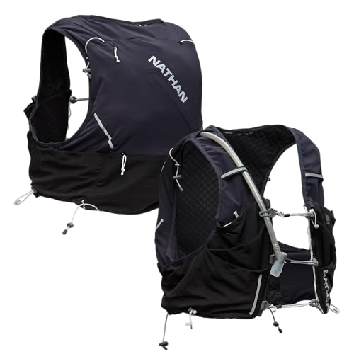 Nathan Hydration Vest 12L for Running & Hiking - Quick-Fit Adjustments, Breathable Mesh, 1.6L Insulated Bladder, Lightweight 8.8 oz, 6 Power Mesh Pockets, Diagonal Zip - Pinnacle Pro - size: X-Small, style: Black