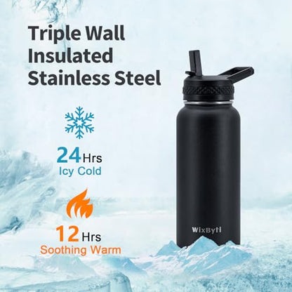 WixByti 32 oz Insulated Water Bottle with Straw, Stainless Steel Water Jug - color: Black, size: 32 Ounces