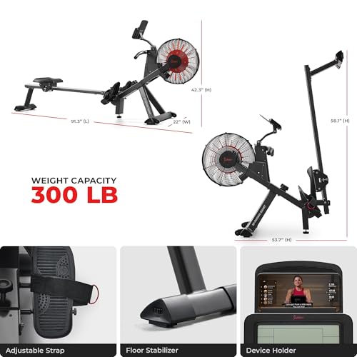 Sunny Health & Fitness Air Rowing Machine, Space-Saving Rower with Long Rail and Upright Storage for Home Gym, Full-Body Cardio Workout, Free SunnyFit Training App - color: Black