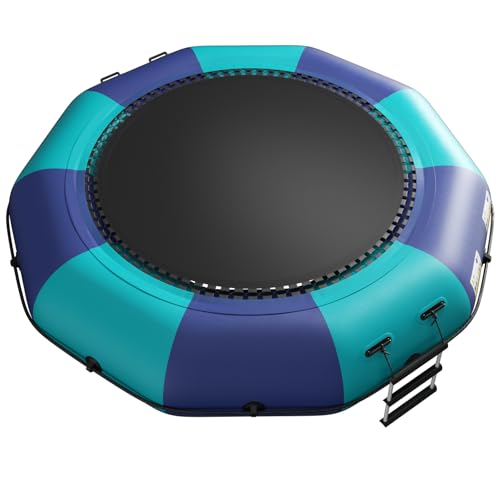 10Ft 12Ft 15Ft Inflatable Water Trampoline, Recreational Bouncer, Portable Bounce Swim Platform with 4-Step Ladder, Adults Trampoline for Pool, Lake Water Sports - color: Blue/ Green, size: 12FT