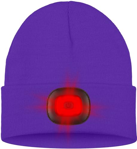 ATNKE LED Lighted Beanie Hat,USB Rechargeable 8 LED Red Glow Flashing Alarm Running Headlamp Cap Gifts for Men and Women - color: #Purple