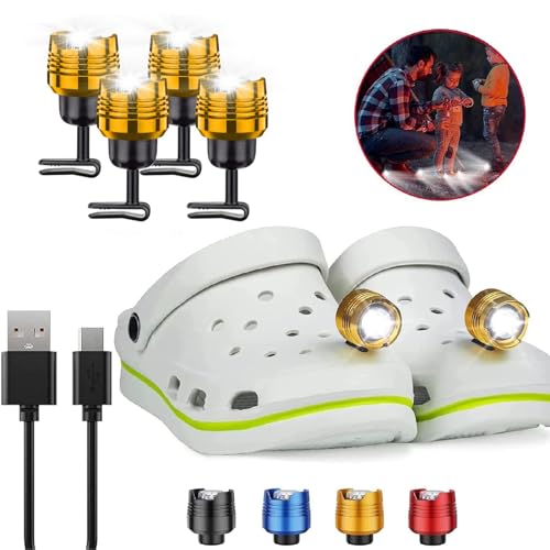 4 Pcs Metal Rechargable Headlights for Crock, Outdoor Waterproof LED Flashlight for Shoes, Clip on Crock Light Attachment Charm, Accessories for Camping, Cycling, Walking, 3 Light Modes, Last 72 Hours - color: Gold, size: 4 PCS