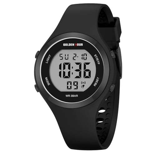 GOLDEN HOUR Waterproof Sport Women's Digital Chronograph Silicone Strap Watch - color: All Black