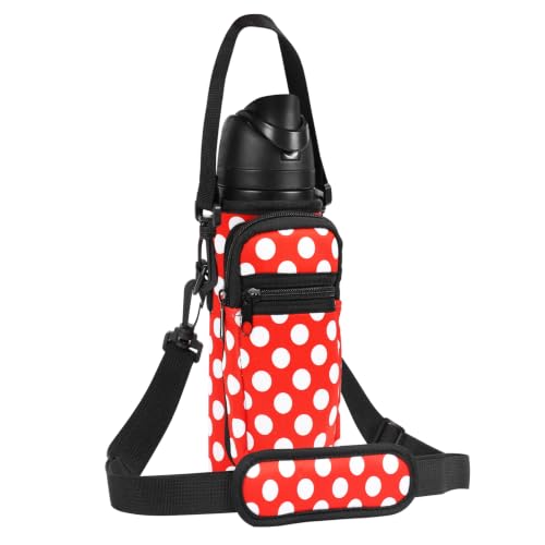 Neoprene Water Bottle Holder Bag with Cell Phone Pocket Compatible with Owala FreeSip 24 oz，Water Bottle Carrying Bag ，with Adjustable Shoulder Strap,for 24oz Stainless Steel Water Bottle - color: Red Polka Dot