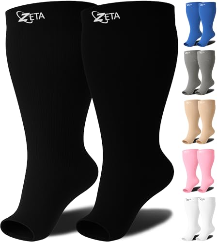 Zeta Wear Plus Size Compression Socks for Women and Men, Wide Calf Knee-High 15-19 mmHg Graduated Support, Easy-On Cuff, Fits Calves to 26 inch / 66 cm - color: 1 Pair - Black, size: Small
