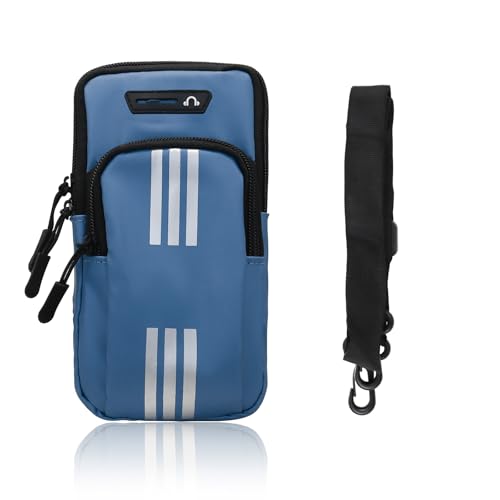 Running Phone Holder, Waterproof Double-Sided Zipper Running Arm Band with Headphone Jack and Reflective Strip, Cell Phone Purse with Detachable and Adjustable Shoulder Strap (Blue) - color: Blue