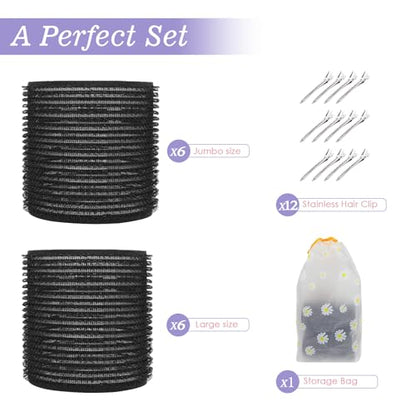 6Pcs 64mm Jumbo Hair Rollers & 6Pcs 55mm Large Hair Rollers, Large Rollers for Long Hair, Women with 12 Hair Clips, Storage Bag -Black