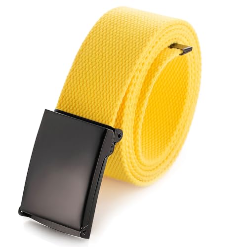 Mile High Life Cut To Fit Canvas Web Belt Size Up to 52" with Flip-Top Solid Black Military Buckle - color: 1 Pack Yellow