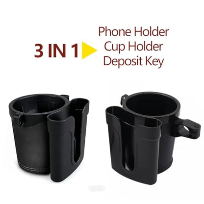 Bike Cup Holder & Phone Mount, 3-in-1 Waterproof Handlebar Drink Holder with Phone Mount ＆Cell Phon e Keys for E-Bike, Scooter, Stroller, Wheelchair (Black) - color: black