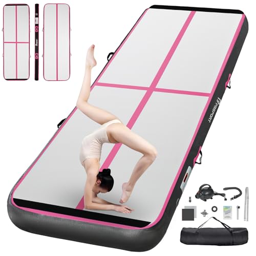FBSPORT Inflatable Air Gymnastics Mat Training Mats 4/8 inches Thickness Gymnastics Tracks for Home Use/Training/Cheerleading/Yoga/Water with Pump - color: Black Pink, size: 10ftL*3.3ftW*8inH